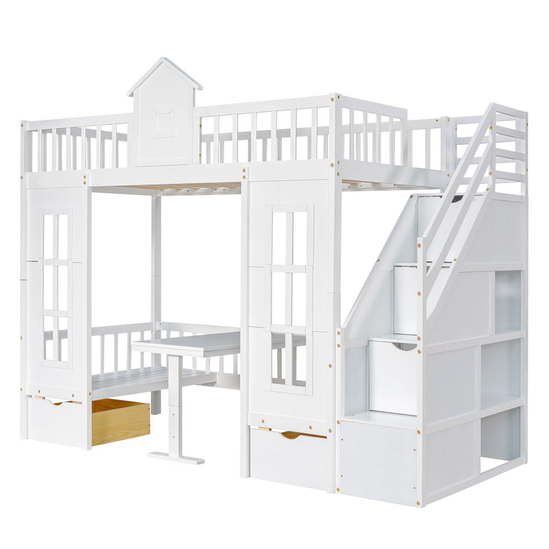 Twin-Over-Twin Bunk Bed With Changeable Table, Bunk Bed Turn Into Upper Bed And Down Desk With 2 Drawers - White