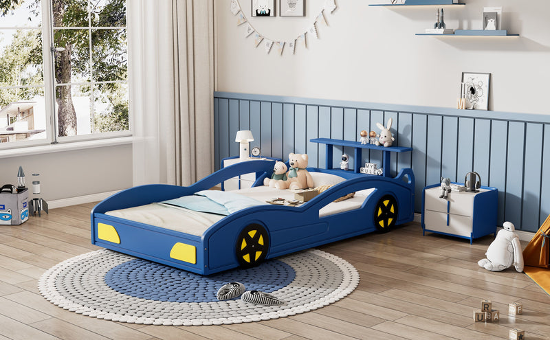 Wooden Race Car Bed, Car-Shaped Platform Twin Bed With Wheels For Teens, Blue & Yellow