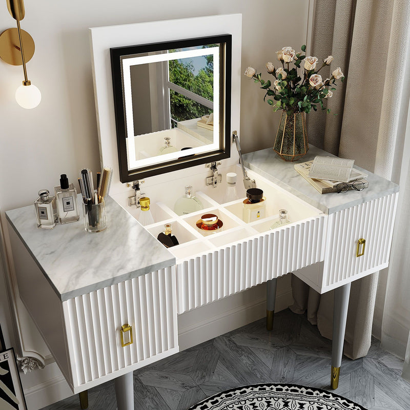 43.3" Modern Vanity Table Set With Flip-Top Mirror And Led Light, Dressing Table With Customizable Storage, Marble-Style Stickers TableTop , White And Gray