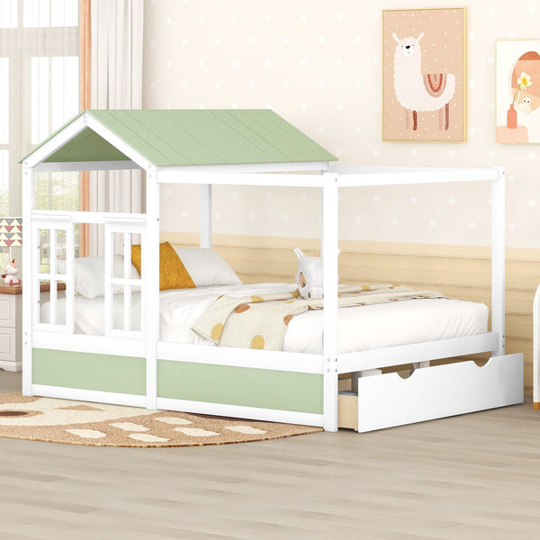 Full Size House Bed With Roof, Window And Drawer - Green / White