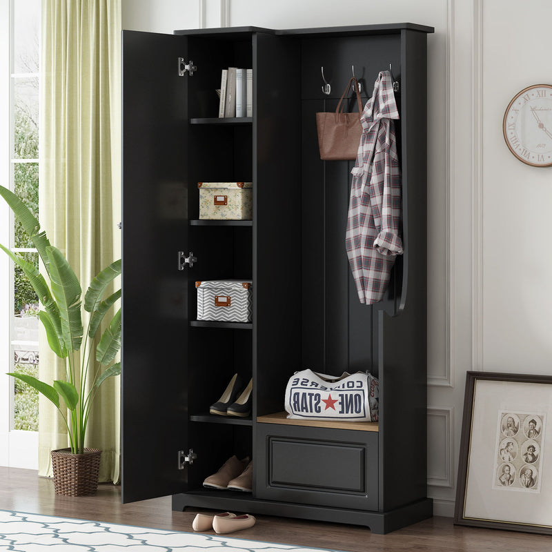 On-Trend Stylish Design Hall Tree With Flip-Up Bench, Minimalist Hallway Shoe Cabinet With Adjustable Shelves, Multifunctional Furniture With Hanging Hooks For Entryways, Mudroom, Black