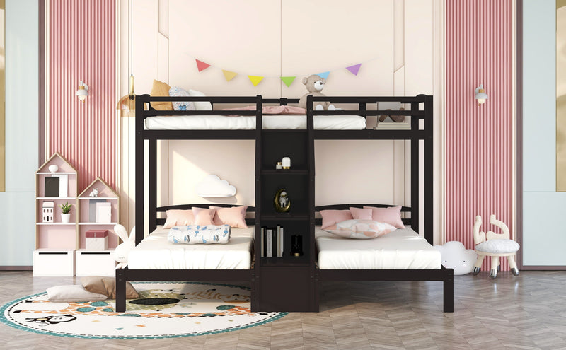 Twin Over Twin & Twin Bunk Bed With Built In Staircase And Storage Drawer, Espresso