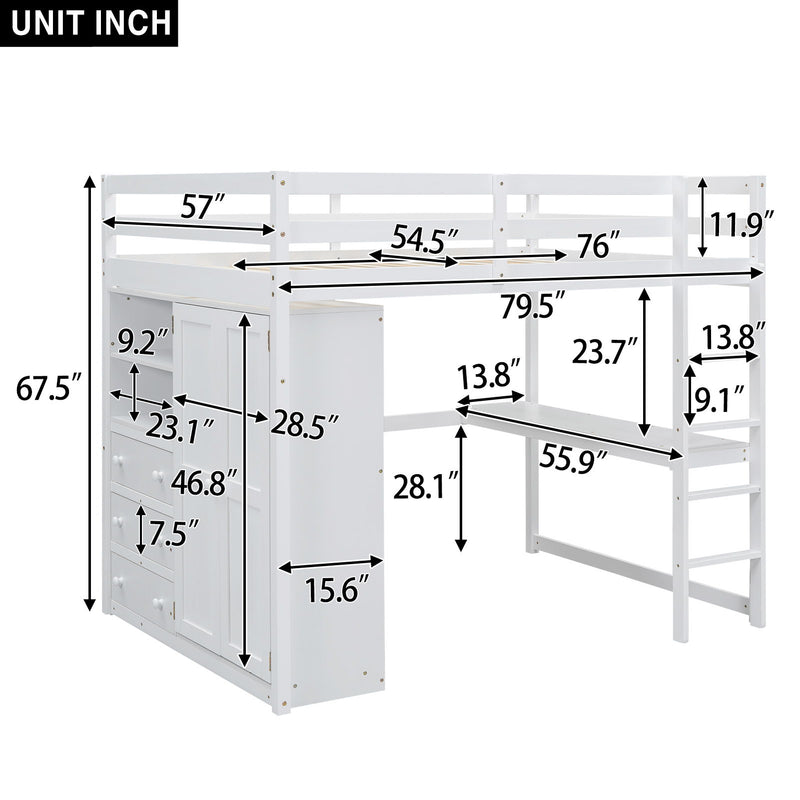Wood Full Size Loft Bed With Built - In Wardrobe, Desk, Storage Shelves And Drawers, White