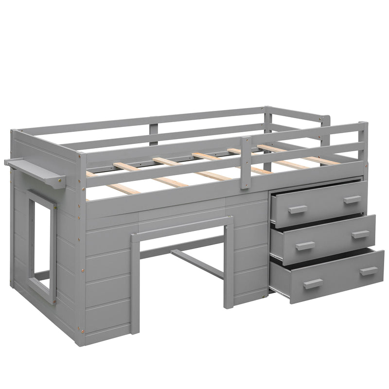 Twin Size Loft Bed With Cabinet And Shelf - Gray