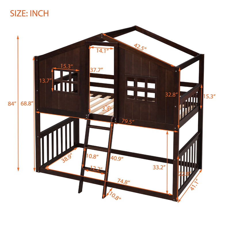 Twin Over Twin House Bunk Bed With Ladder, Wood Bed - Espresso