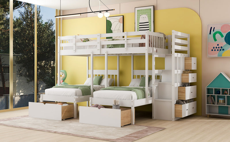 Full Over Twin & Twin Bunk Bed, Wood Triple Bunk Bed With Drawers And Guardrails (White)