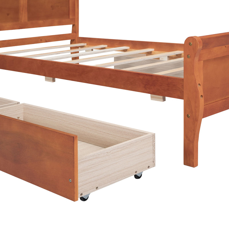 Twin Size Wood Platform Bed With 4 Drawers And Streamlined Headboard & Footboard, Oak
