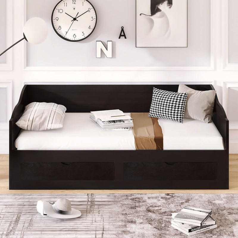 Wooden Daybed With Trundle Bed And Two Storage Drawers, Extendable Bed Daybed, Sofa Bed With Two Drawers, Espresso