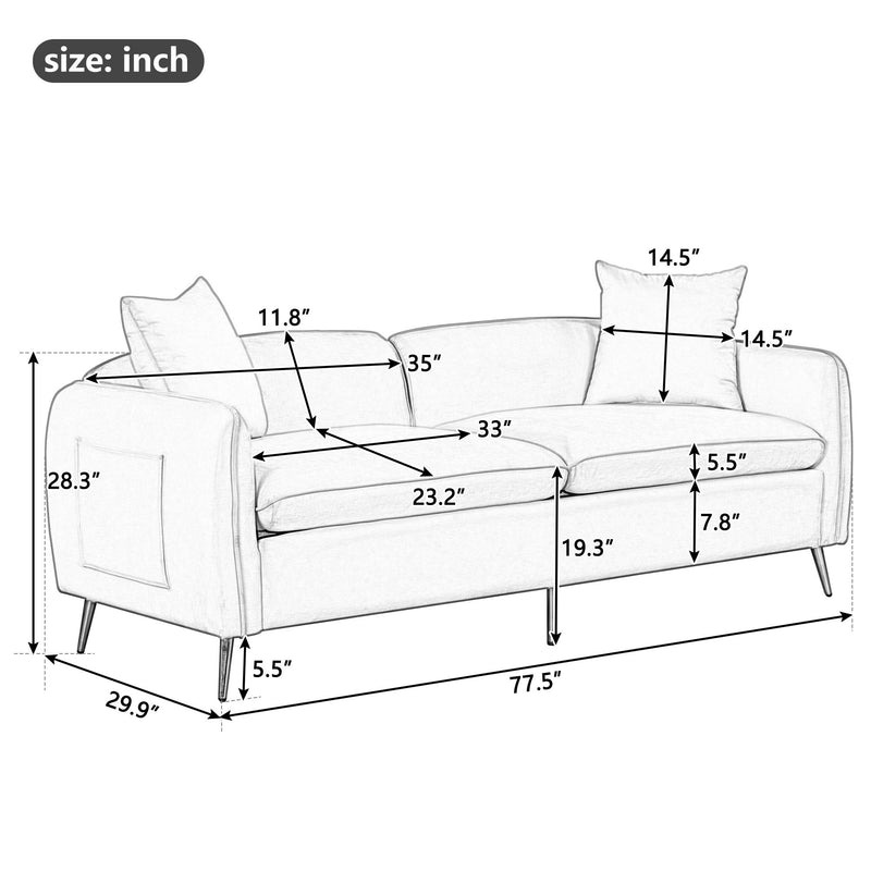 77.5" Velvet Upholstered Sofa With Armrest Pockets, 3 - Seat Couch With 2 Pillows And Golden Metal Legs For Living Room, Apartment, Home Office, Gray