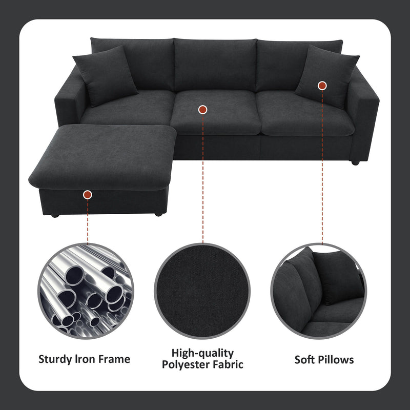Modern Sectional Sofa, L-Shaped Couch Set With 2 Free Pillows, 4 - Seat Polyester Fabric Couch Set With Convertible Ottoman For Living Room, Apartment