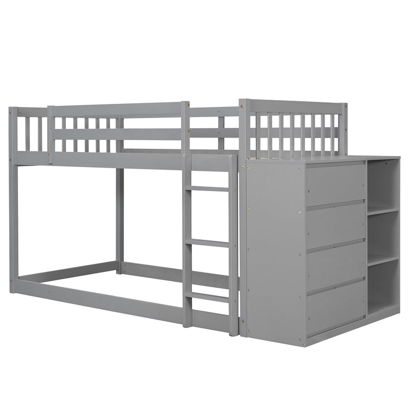Twin Over Twin Bunk Bed With 4 Drawers And 3 Shelves - Gray