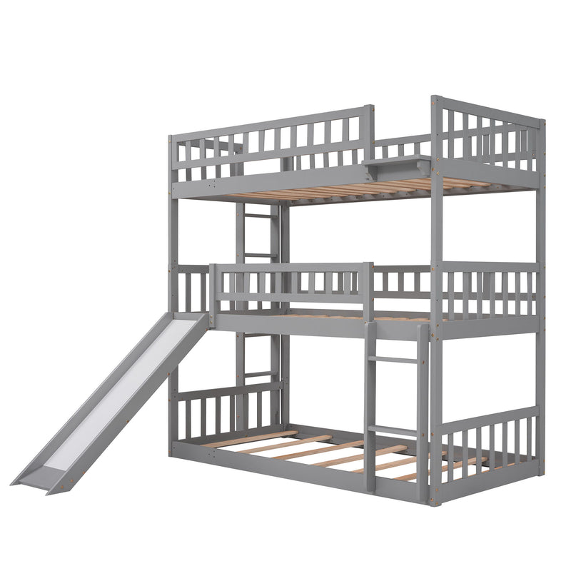 Twin-Over-Twin-Over-Twin Triple Bed With Built-In Ladder And Slide, Triple Bunk Bed With Guardrails, Gray