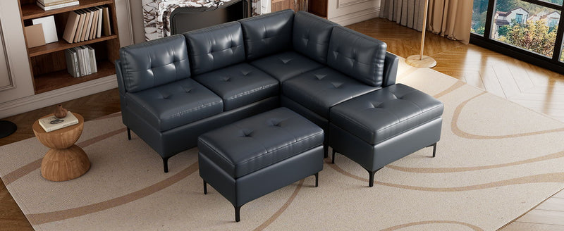 Shaped Corner Sofa PU Leather Sectional Sofa Couch With Movable Storage Ottomans For Living Room, Blue