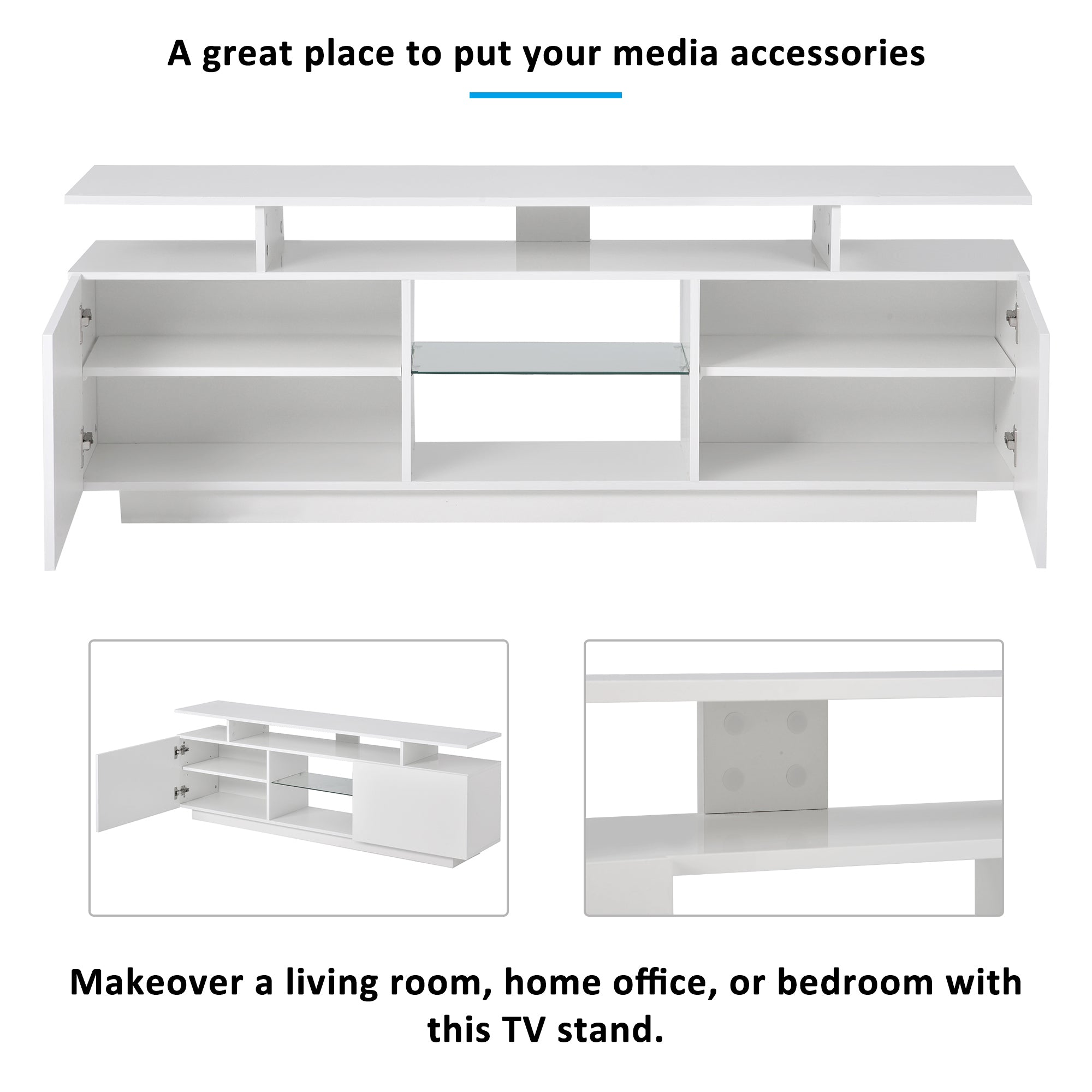 ON-TREND Modern TV Stand for TVs up to 65inches with LED lights, 16 Colors, for Livingroom, Bedroom, White  (OLD SKU: WF280706AAK) - Atlantic Fine Furniture Inc
