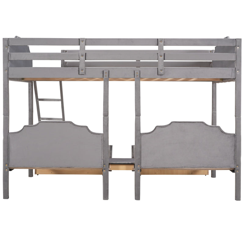 Full Over Twin & Twin Bunk Bed, Velvet Triple Bunk Bed With Drawers And Guardrails, Gray