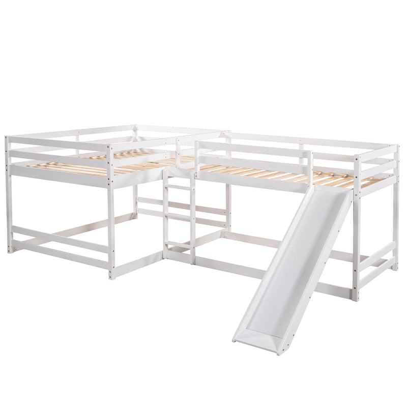 Full And Twin Size Shaped Bunk Bed With Slide And Short Ladder, White