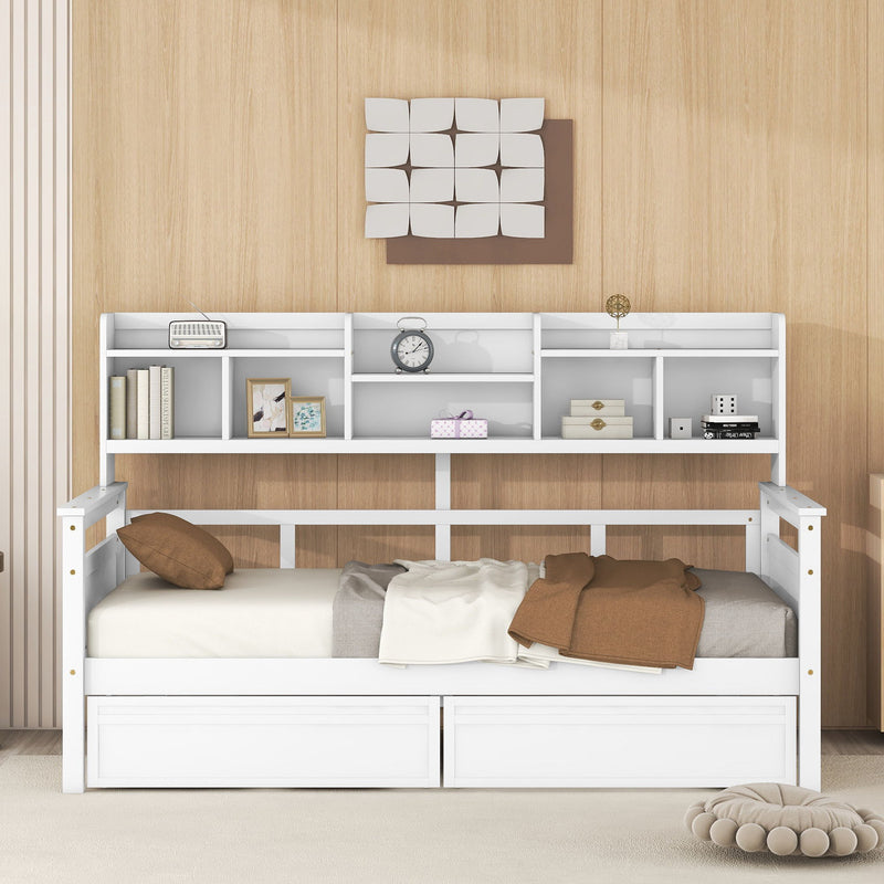 Twin Size Daybed, Wood Slat Support, With Bedside Shelves And Two Drawers, White