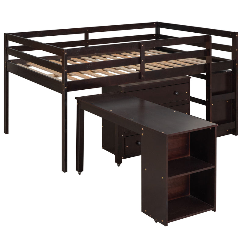 Low Study Full Loft Bed With Cabinet, Shelves And Rolling Portable Desk, Multiple Functions Bed - Espresso