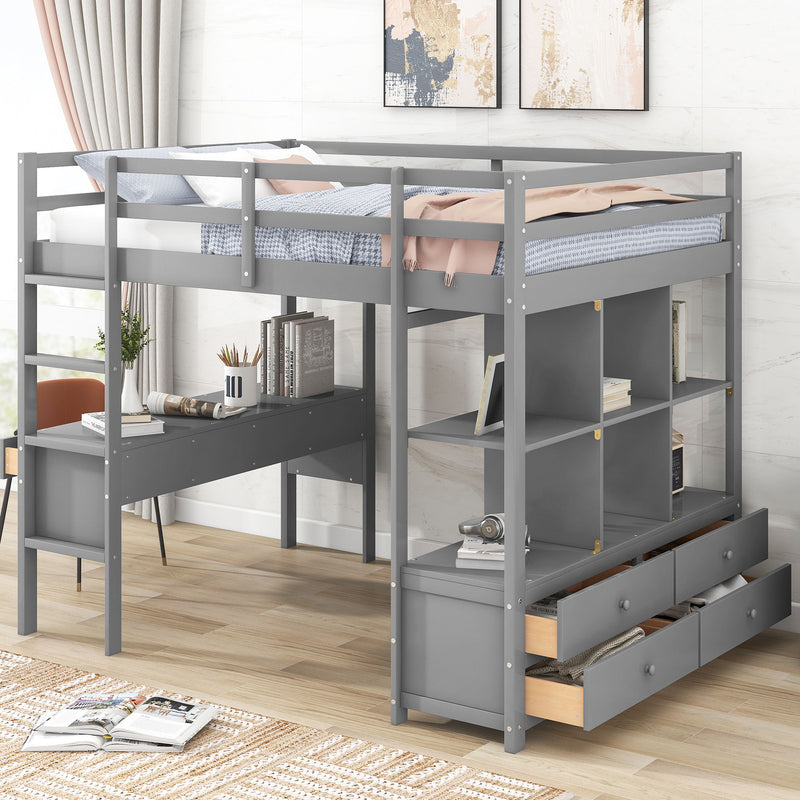 Full Size Loft Bed With Built-In Desk With Two Drawers, And Storage Shelves And Drawers - Gray