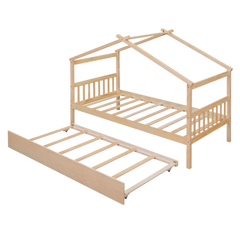 Twin Size Wooden House Bed With Twin Size Trundle - Natural