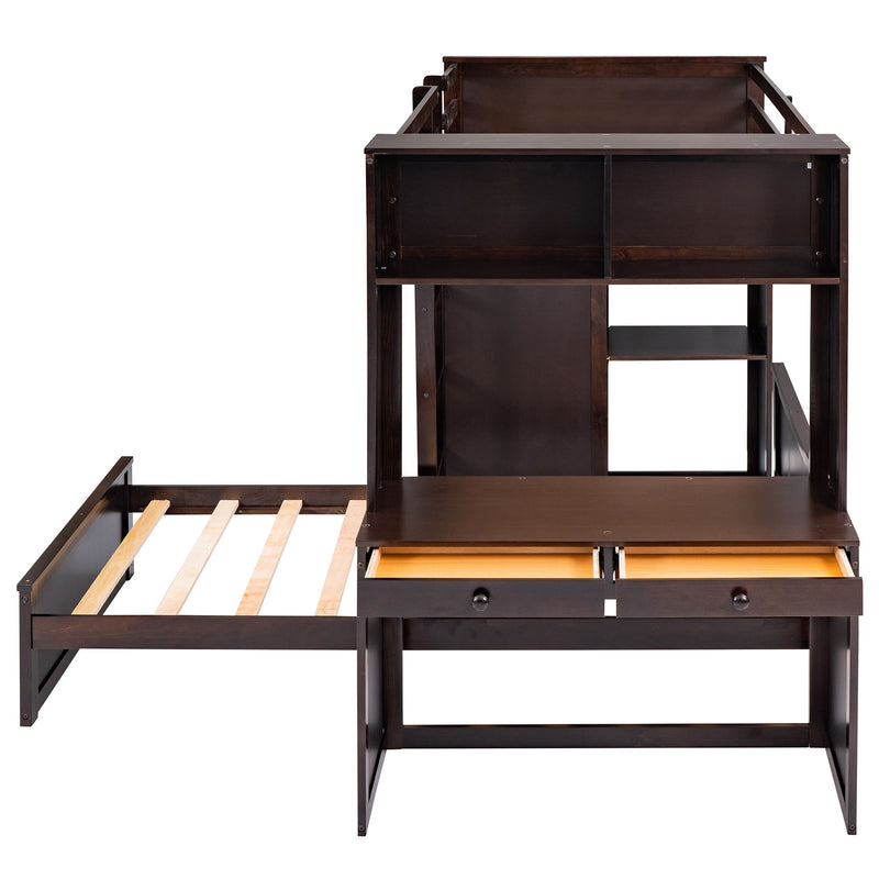 Twin Size Loft Bed With A Stand - Alone Bed, Shelves, Desk, And Wardrobe - Espresso