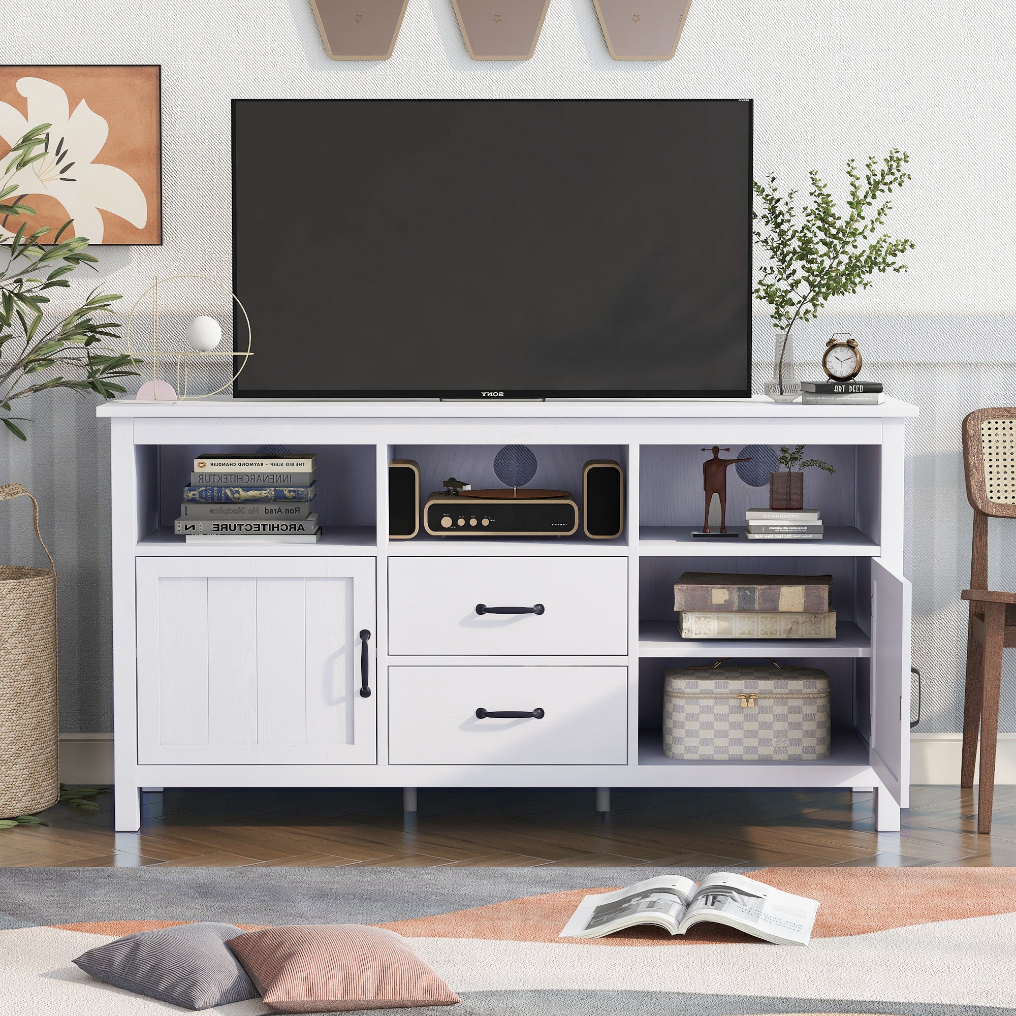 U-Can TV Stand for TV up to 68 in with 2 Doors and 2 Drawers Open Style Cabinet, Sideboard for Living room, White - Atlantic Fine Furniture Inc