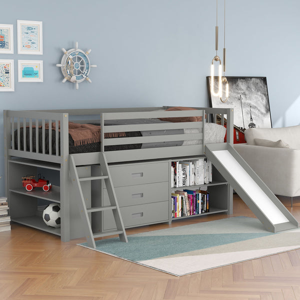 Low Loft Bed With Attached Bookcases And Separate 3-Tier Drawers, Convertible Ladder And Slide, Twin, Gray