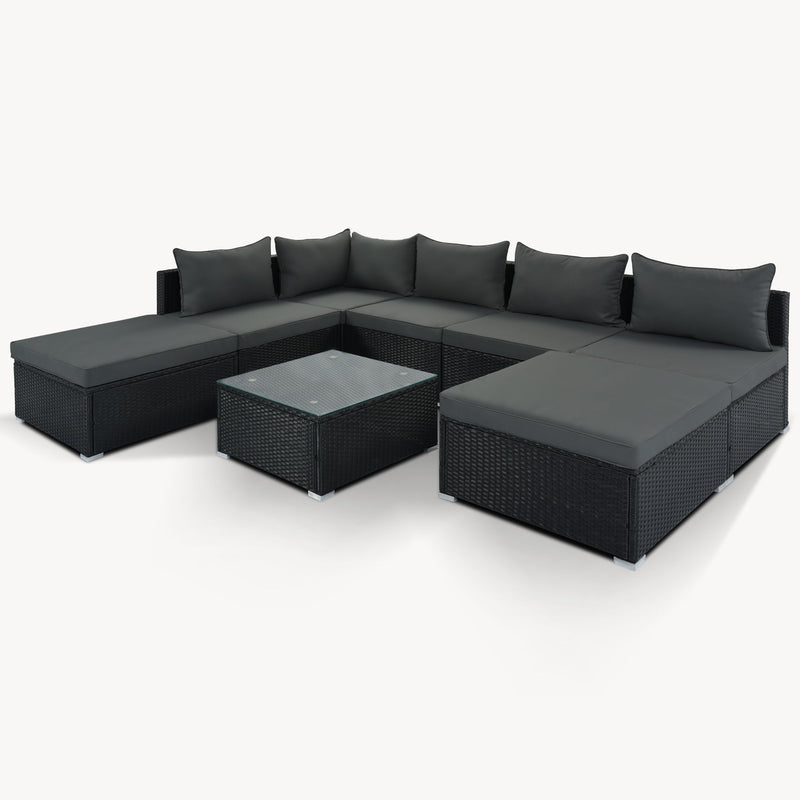 8 Pieces Outdoor Patio Furniture Sets, Garden Conversation Wicker Sofa Set, Single Sofa Combinable, Gray Cushions Black Wicker