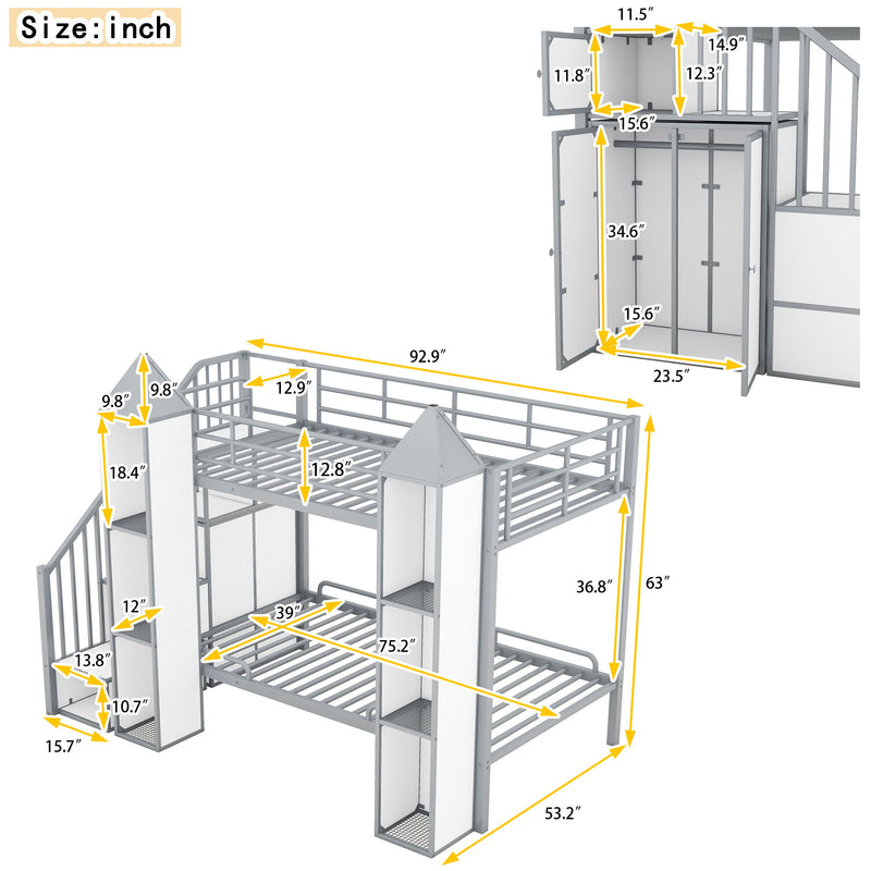 Metal Twin Over Twin Castle-Shaped Bunk Bed With Wardrobe And Multiple Storage, Gray / White