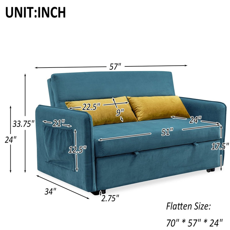 57"Modern Velvet Sofa with Pull-Out Sleeper Bed with 2 Pillows Adjustable Backrest for living room or office, 2 Big side pocket,Blue - Atlantic Fine Furniture Inc