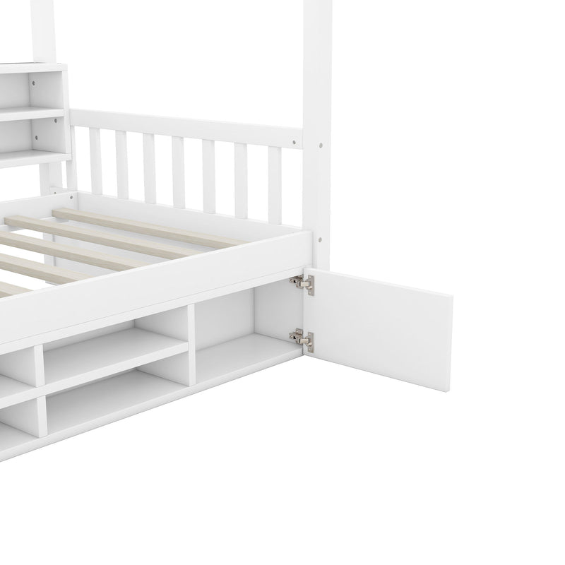 Twin Size Wooden House Bed With Shelves And A Mini-Cabinet, White