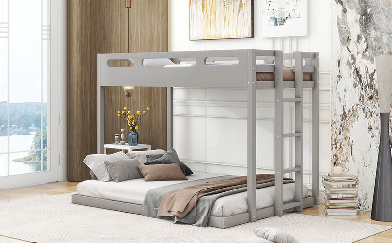 Twin Over Full Bunk Bed With Built-In Ladder, Gray