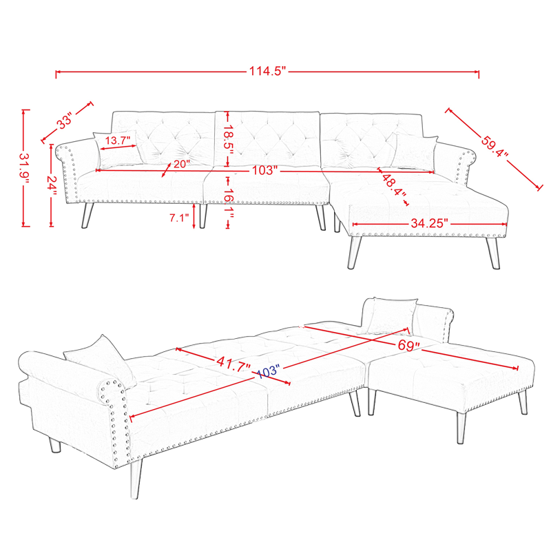 Convertible Sofa bed sleeper BLUE velvet (same as W223S00871、W223S01591。Size difference, See Details in page.) - Atlantic Fine Furniture Inc