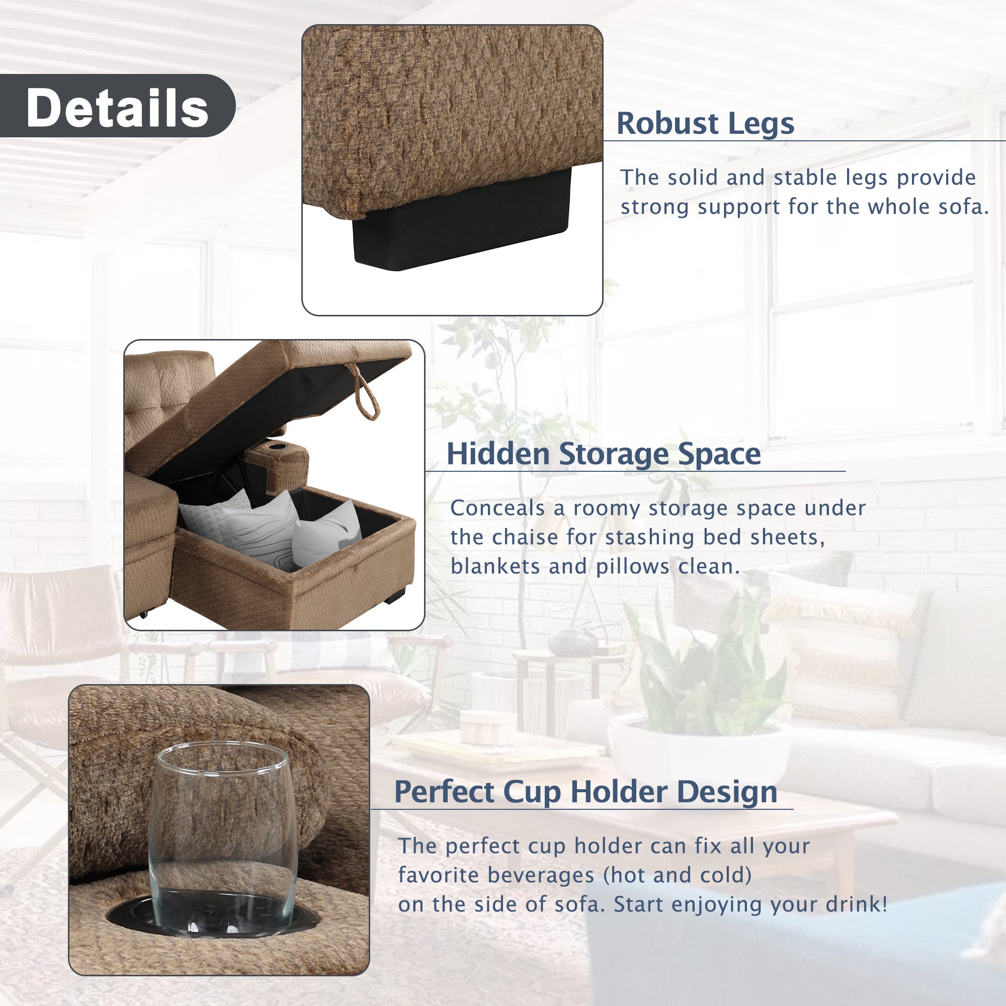 Orisfur. Modern Padded Upholstered  Sofa Bed Sleeper Sectional Sofa with Storage Chaise and Cup Holder for Living Room Furniture Set - Atlantic Fine Furniture Inc