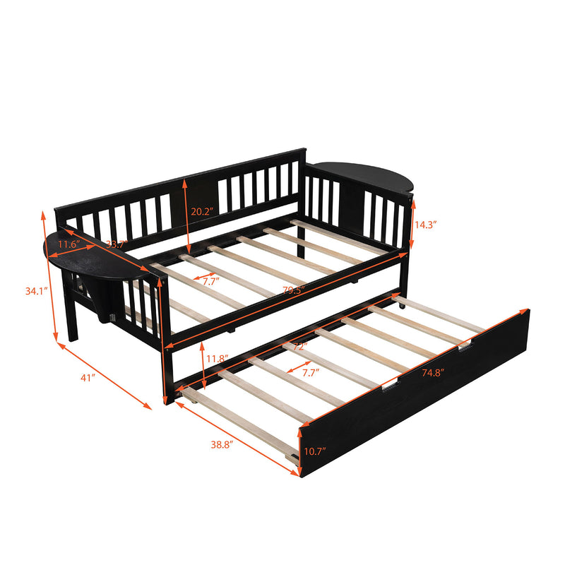 Twin Wooden Daybed With Trundle Bed, Sofa Bed For Bedroom Living Room, Espresso