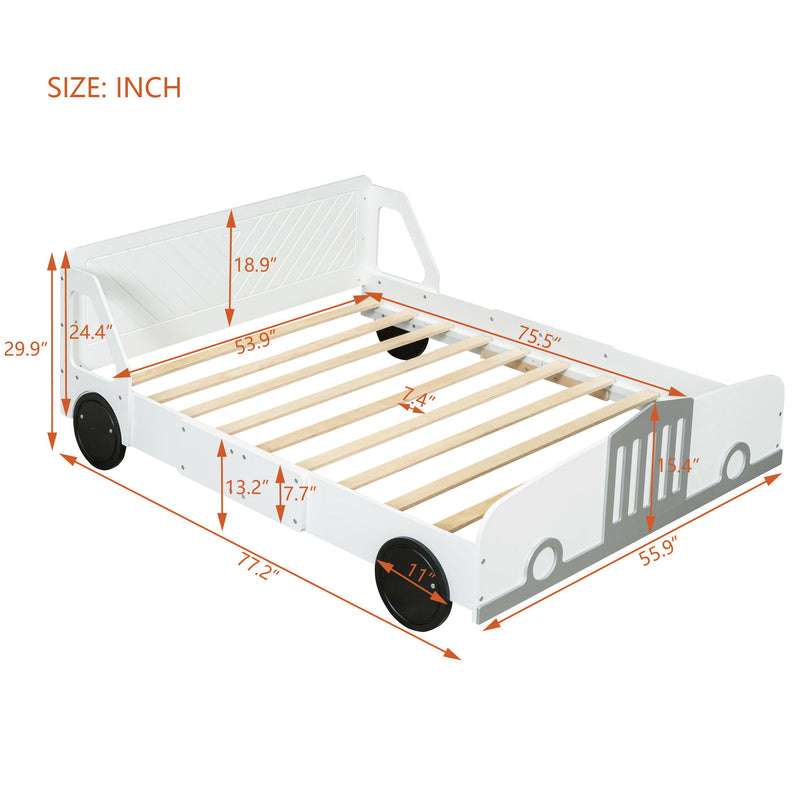 Full Size Car-Shaped Platform Bed With Wheels, White