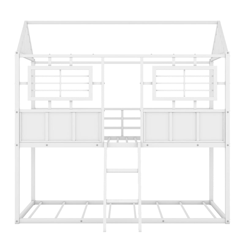 Twin Over Twin Size Metal Low Bunk Beds With Roof And Fence-Shaped Guardrail, White