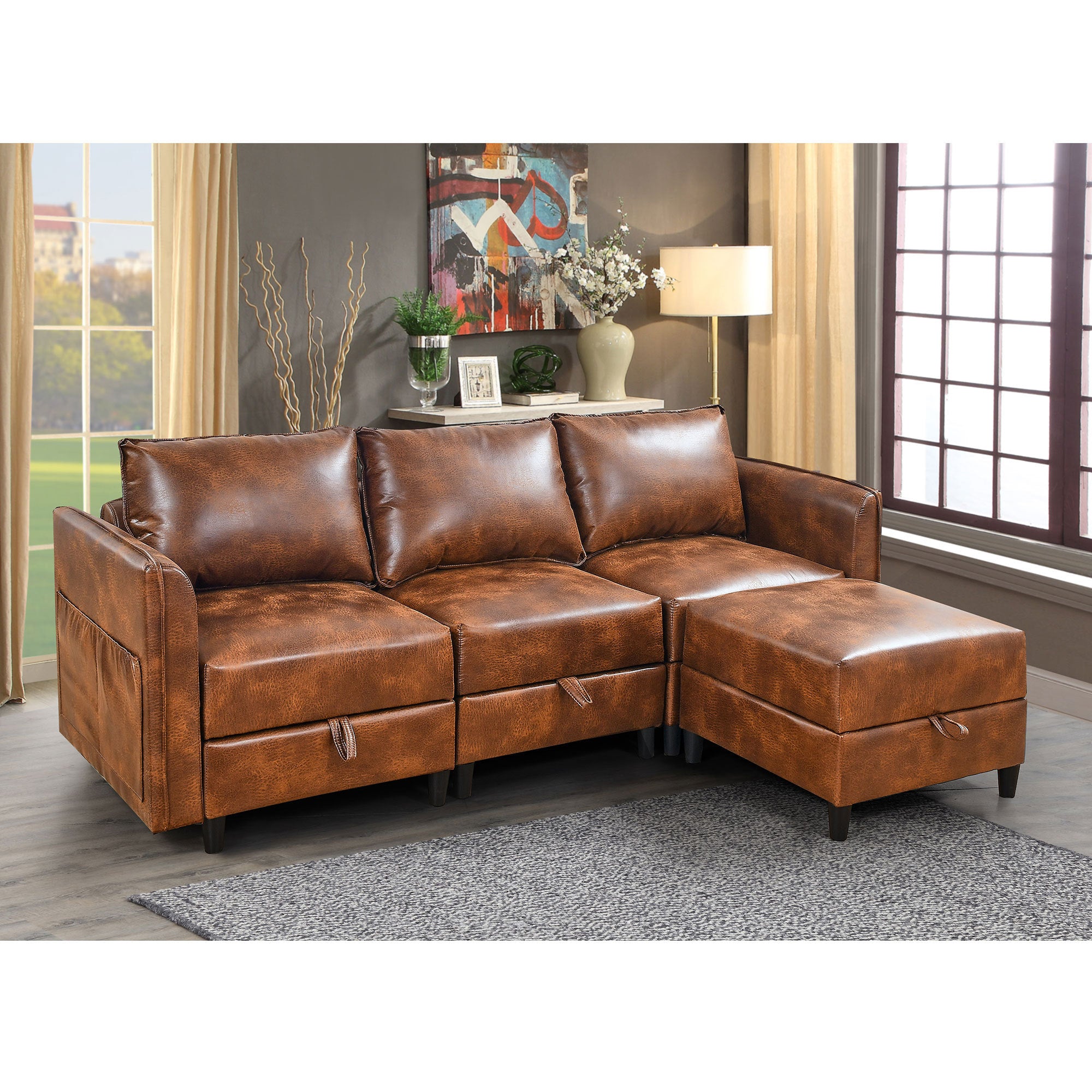 Welike Modular combination sofa L-shaped convertible sofa with reversible upholstered storage seat with sleeper sofa brown tech cloth - Atlantic Fine Furniture Inc
