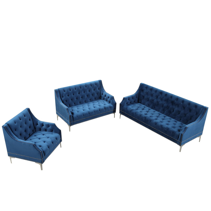 Modern Three Piece Sofa Set With Metal Legs, Buttoned Tufted Backrest, Frosted Velvet Upholstered Sofa Set Including Three-Seater Sofa, Double Seater And Living Room Furniture Set Single Chair - Blue