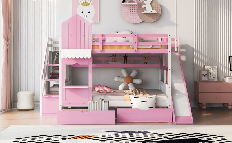 Full-Over-Full Castle Style Bunk Bed, With 2 Drawers 3 Shelves And Slide - Pink