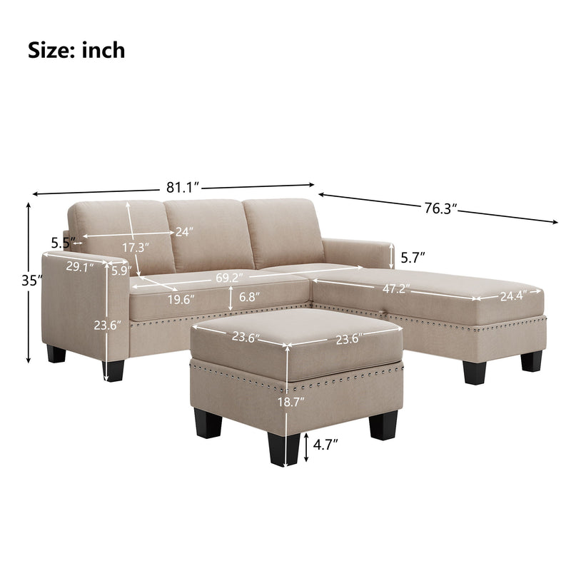 [New] 81. 1*76. 3*35" Reversible Sectional Couch With Storage Ottoman Shaped Sofa, Sectional Sofa With Chaise, Nailheaded Textured Fabric 3 Pieces Sofa Set, Warm Gray