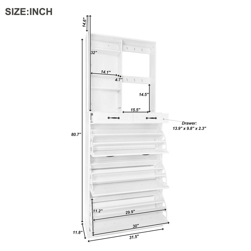 On-Trend Multi-Functional Shoe Cabinet With 3 Flip Drawers, Elegant Hall Tree With Mirror, Freestanding Entryway Organizer Shoe Rack With 6 Hanging Hooks For Hallway, White