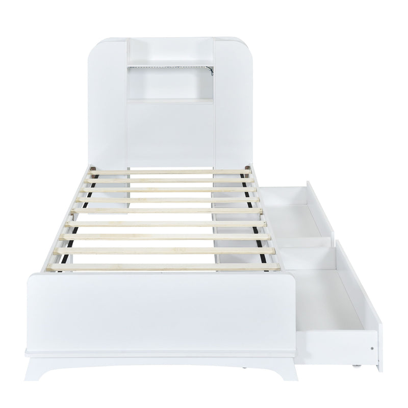 Twin Size Storage Platform Bed Frame With With Two Drawers And Light Strip Design In Headboard, White
