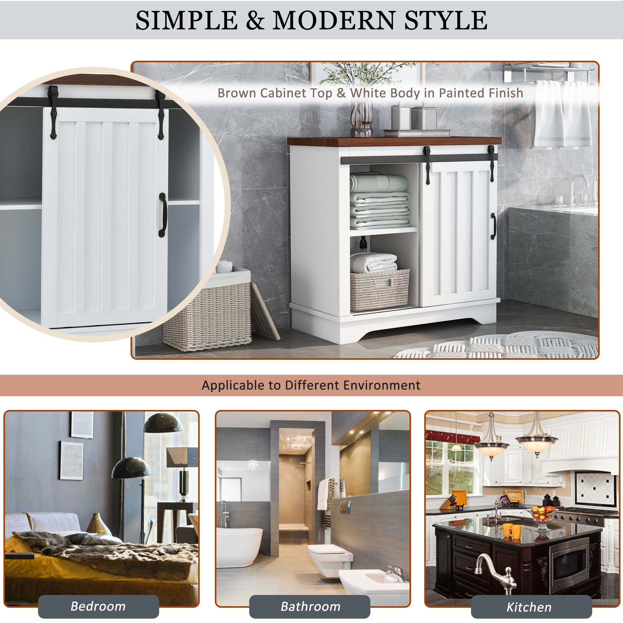 Bathroom Storage Cabinet, Freestanding Accent Cabinet, Sliding Barn Door, Thick Top, Adjustable Shelf, White and Brown - Atlantic Fine Furniture Inc