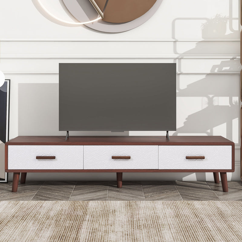 U-Can Modern TV Stand With 3 Drawers Adorned With Embossed Patterns For 65 /" TV, Rectangle Entertainment Center With Ample Storage Space For Living Room, Brown / White