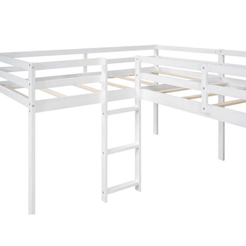L-Shaped Twin Size Loft Bed With Ladder And Slide, White