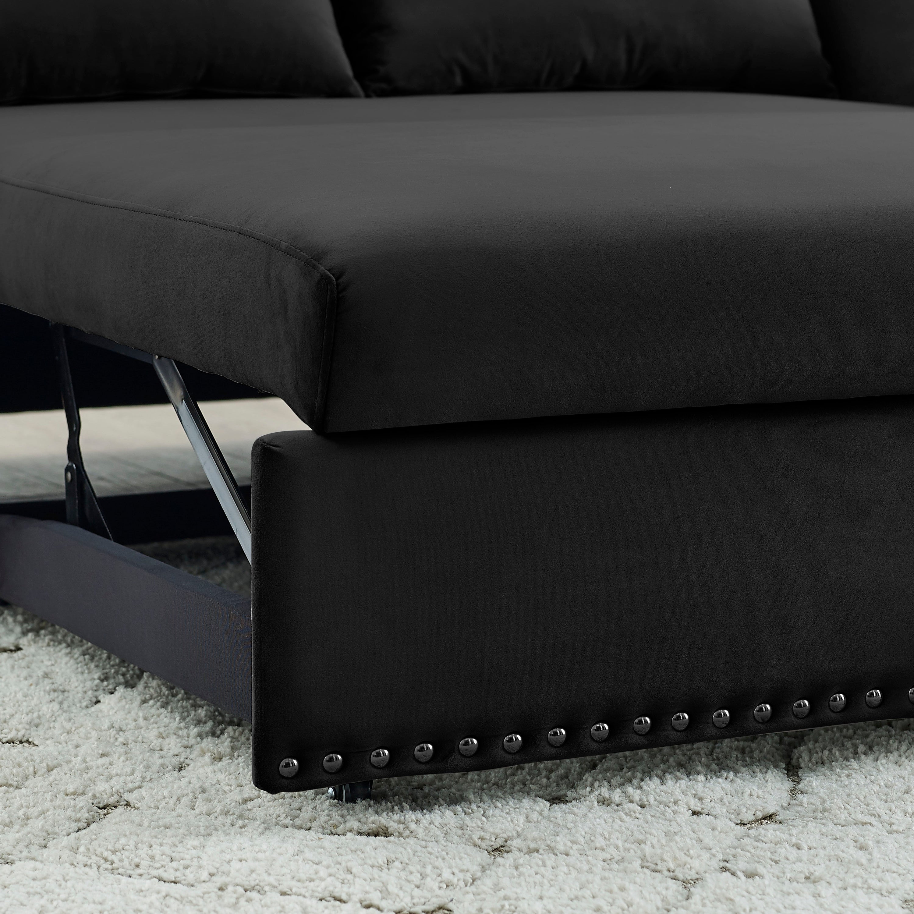 Pull-out sofa sleeper, 3-in-1 adjustable sleeper with pull-out bed, 2 lumbar pillows and side pocket, soft velvet convertible sleeper sofa bed, suitable for living room bedroom. - Atlantic Fine Furniture Inc
