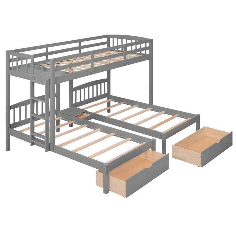 Twin Over Twin & Twin Bunk Bed With Two Drawers And Built-In Middle Drawer, Gray