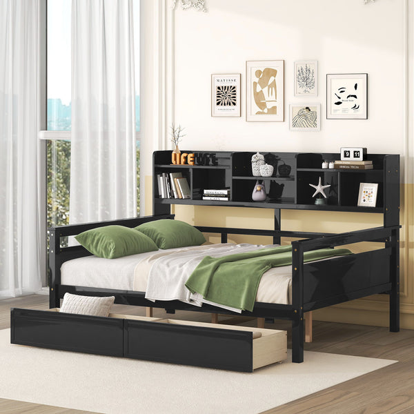 Full Size Daybed, Wood Slat Support, With Bedside Shelf And Two Drawers, Espresso