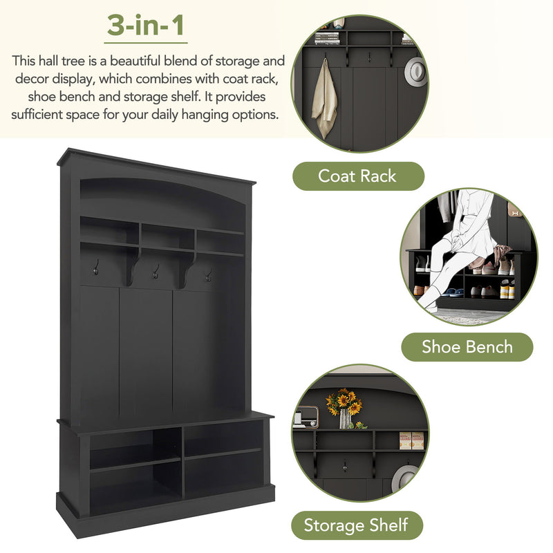On Trend Wide Hall Tree With Bench And Shoe Storage, Multi - Functional Storage Bench With 3 Hanging Hooks & Open Storage Space, Rectangle Storage & Shelves Coat Rack For Hallway, Black